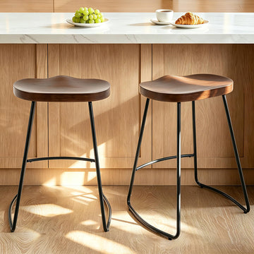 Bar Stools Set of 2, 24'' Counter Height Rustic Wooden Saddle Seat Walnut