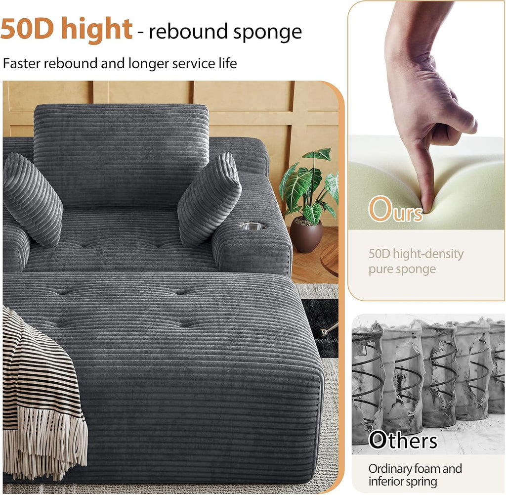 67" Oversized Chaise Lounge Chair Indoor, Corduroy Upholstered Boneless Sofa Bed, Modern Deep Seat Cloud Sleeper