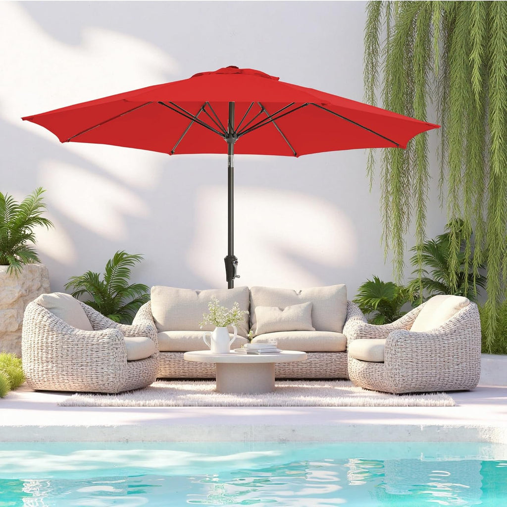 9FT Large Outdoor Patio Umbrella Pool Market Umbrella-UV Resistant, Easy Push Button Tilt and Crank - Red