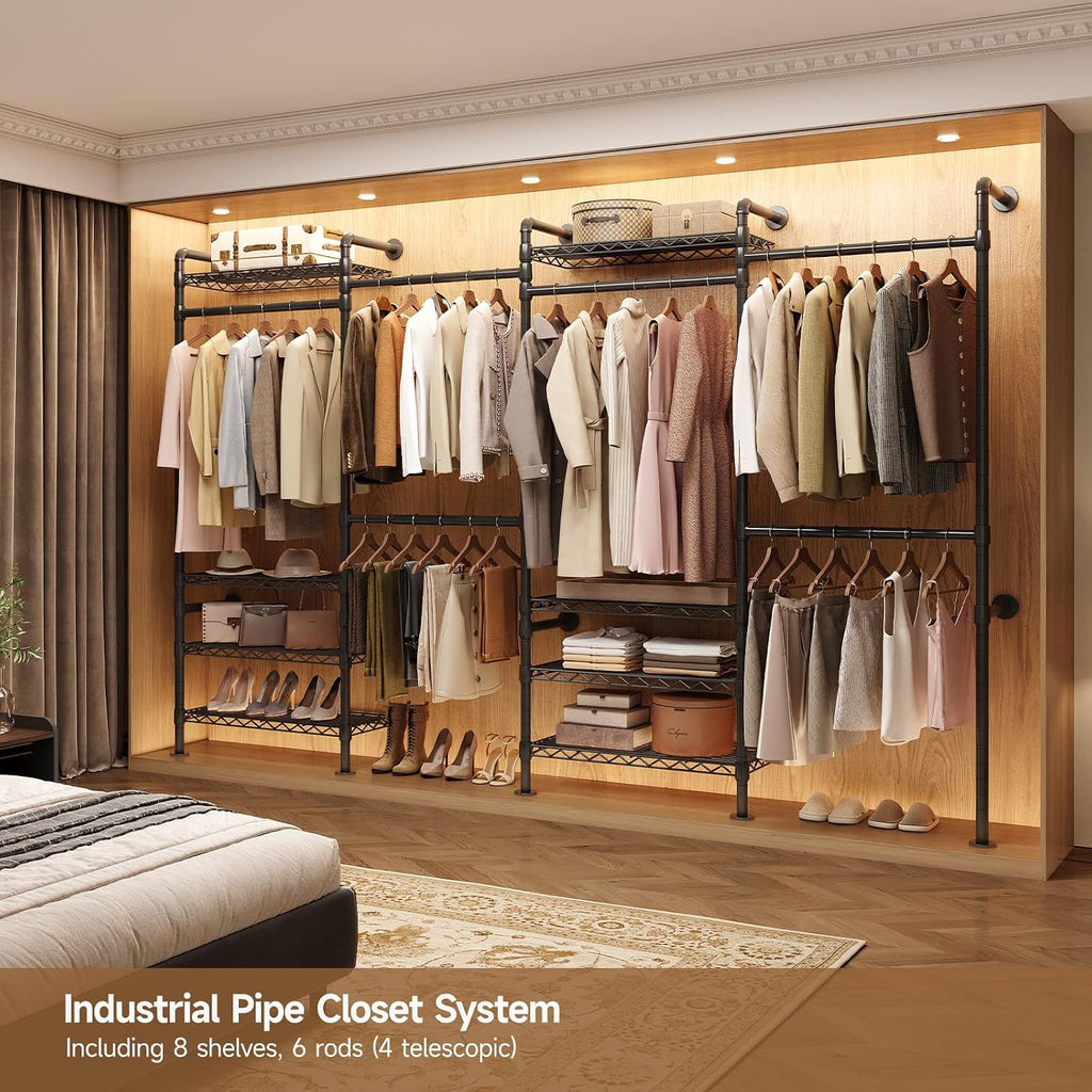 Wall Mounted Garment Rack, Industrial Pipe Metal Clothing Rack with 6 Hanging Rods (4 Expandable) & 8 Shelves, Closet