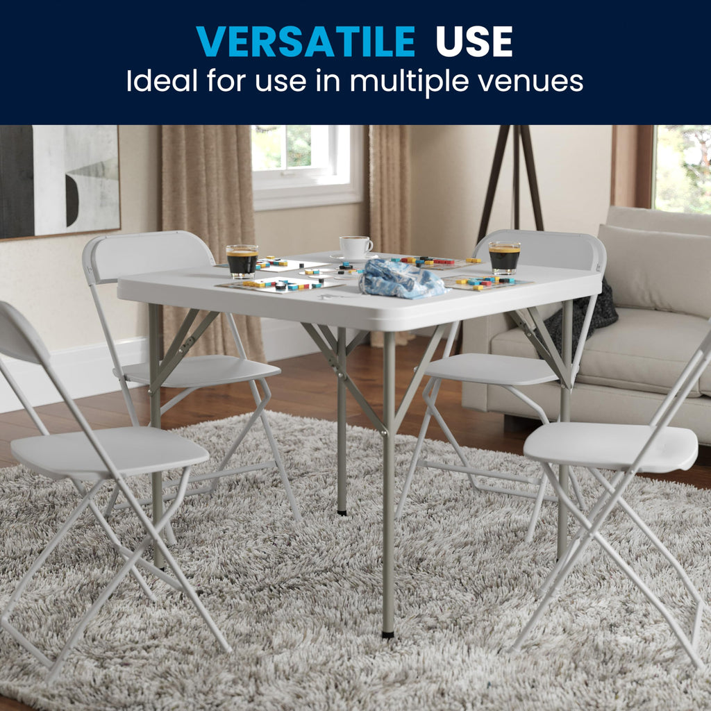 Elon Square Plastic Folding Table, Portable Dining Card Table for 4 People, Indoor-Outdoor Use, 34.25", Granite White