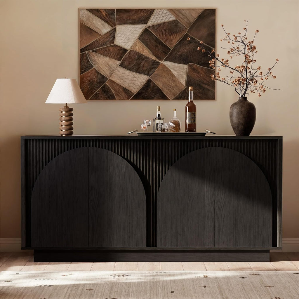 65.35" Fluted Sideboard Buffet Cabinet with Arched Doors Black | Mid Century Modern Accent Cabinet with Arched Doors