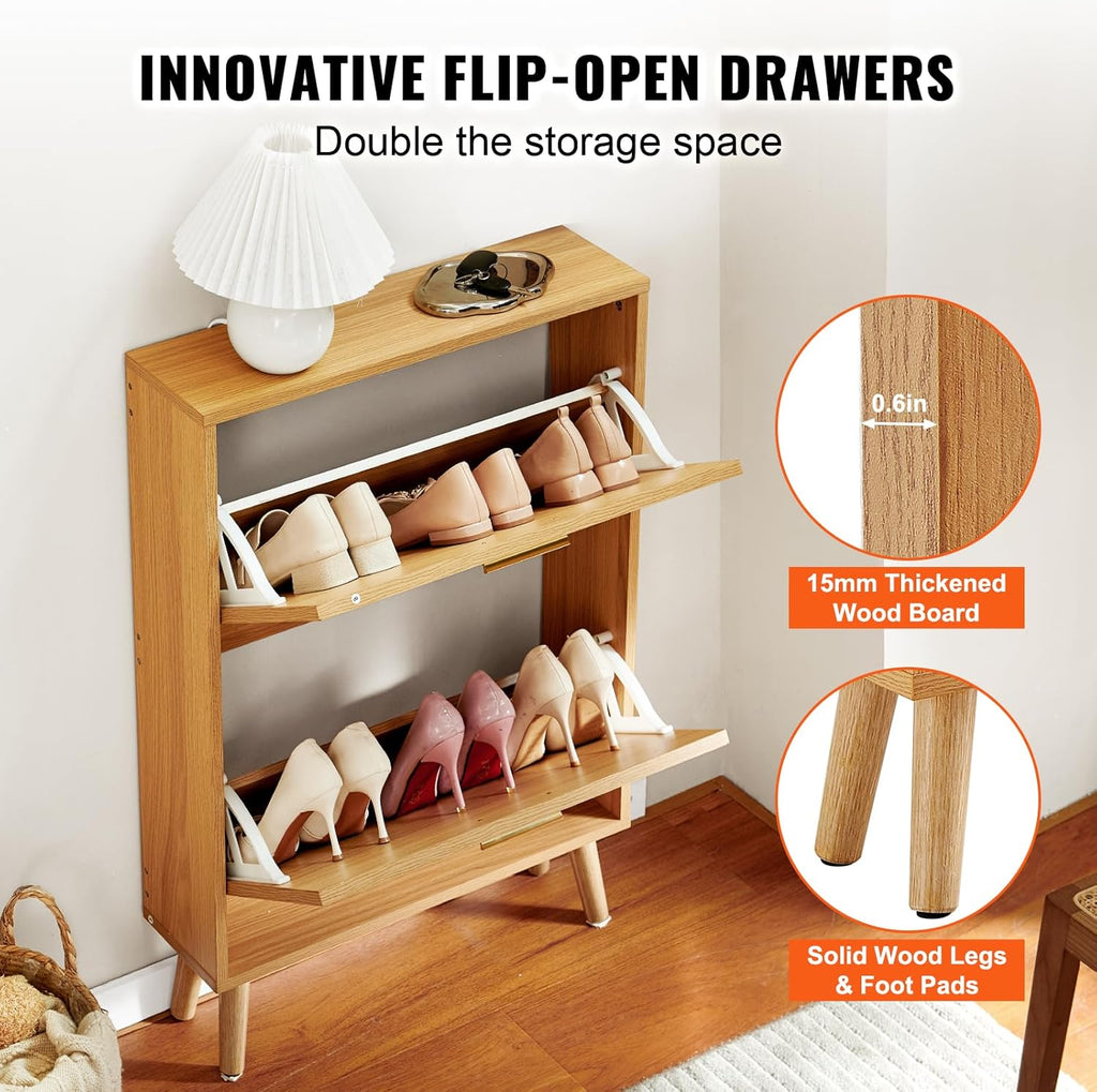 Shoe Cabinet with 2 Flip Drawers, Shoe Storage Cabinet , Free Standing Shoe Storage Organizer with Rattan Doors for