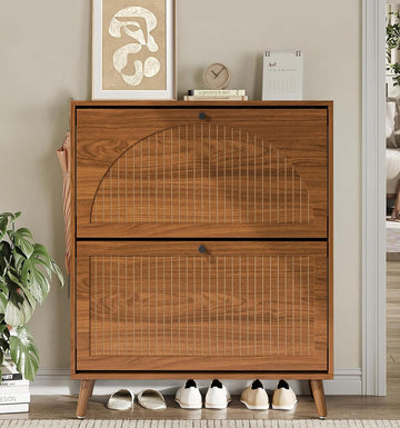 Shoe Storage Cabinet with 2 Flip Drawers, Narrow Wood Shoe Cabinet with Fluted Panel, Freestanding Hidden Shoe