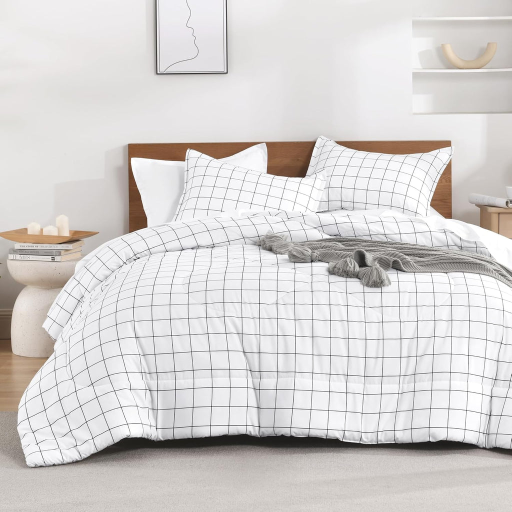 Comforter Sets, White Gingham Plaid Grid Checkered Bedding Comforter Set for Teens Boys Girls Kids, 3 Pieces