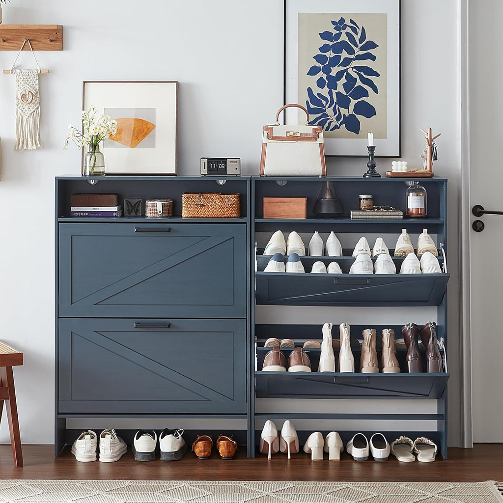 Shoe Cabinet Storage with 2 Flip Drawers Open Storage Layer Rack Narrow Organizer Slim Hidden Wood Shoe Cabinet