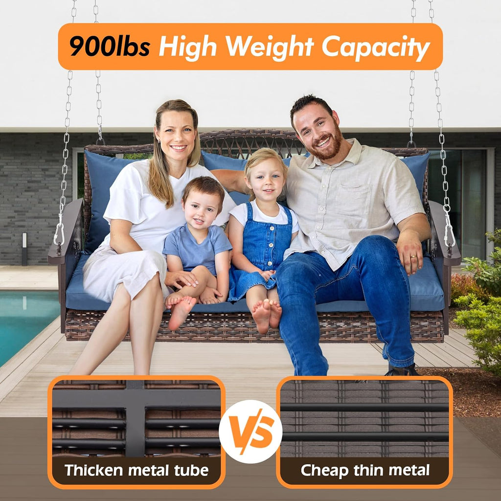 Upgraded Wicker Hanging Porch Swing Heavy Duty 900 LBS 3-Seat Outdoor Patio Swing Chair Bench for Adult w/ 8.9ft