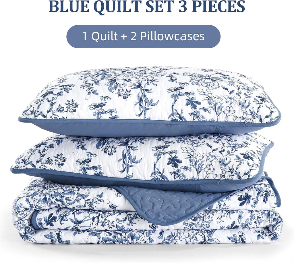 Quilt, Blue Quilt Bedding Set with 2 Pillowcases, Botanical Quilts for Bed, Soft Microfiber Lightweight