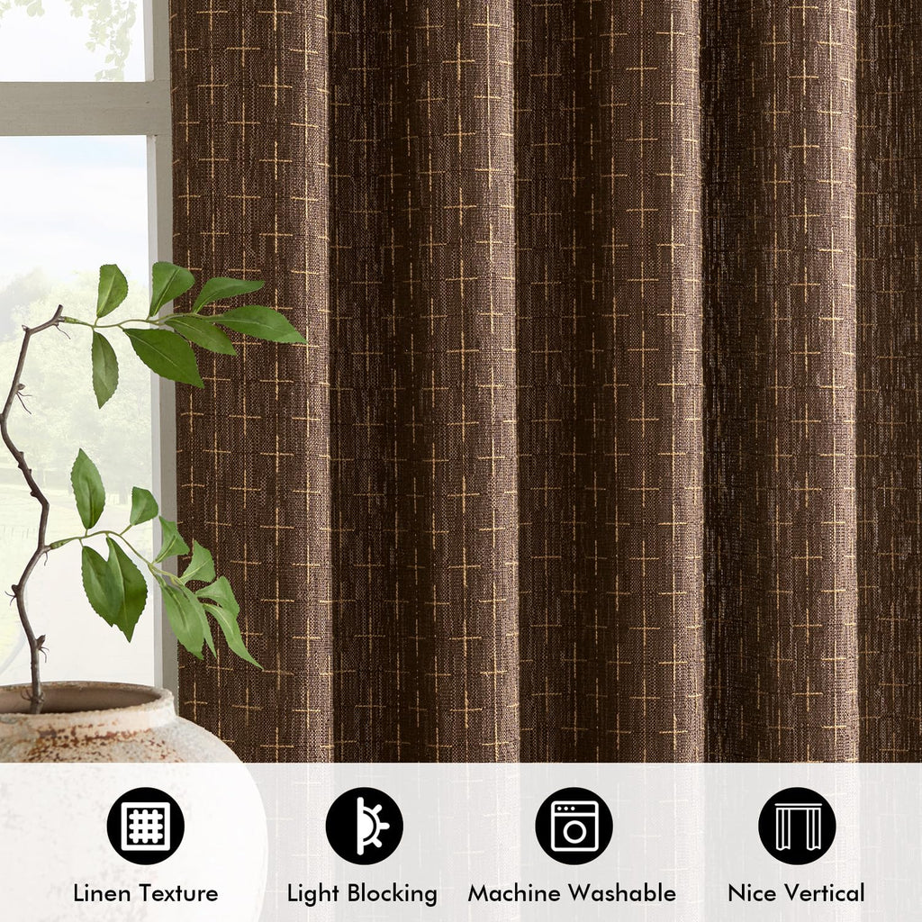 Patterned Farmhouse Linen Curtains, Back Tab, 52Wx84L, Dark Coffee