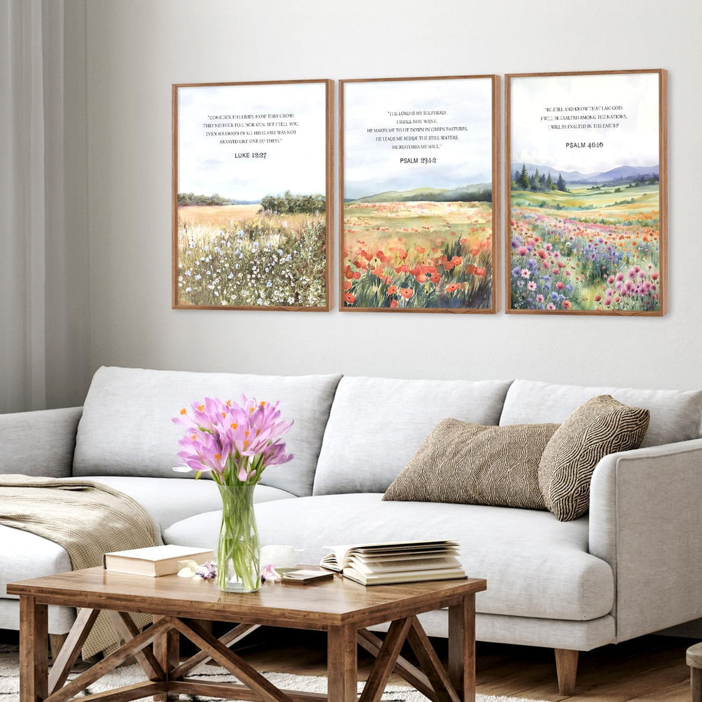 Biblical Verses Floral Framed Canvas Wall Art Set Of 3, Inspirational Wall Decor, Scripture Inspired Landscape