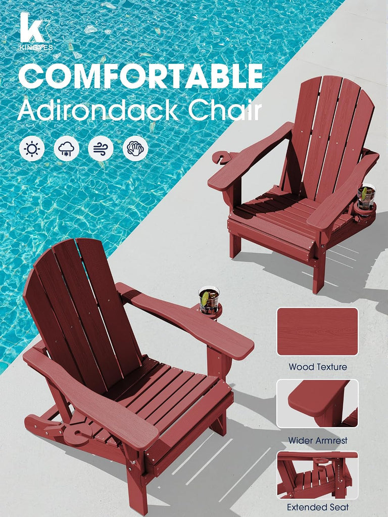 Folding Adirondack Chair Set of 2 with 2 Cup Holders, Red | HDPE Composite | Waterproof | Wood Grain | Hidden Cup &