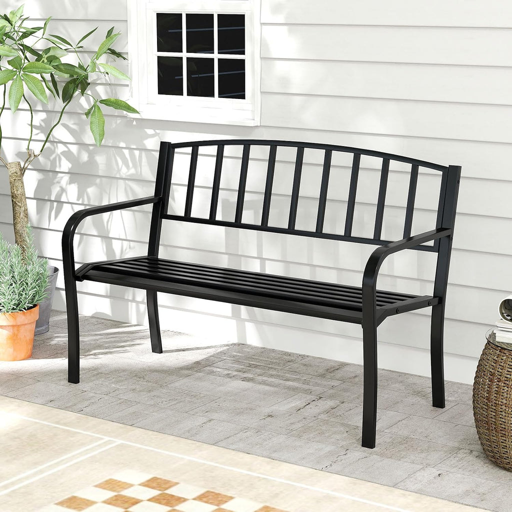 Metal Outdoor Bench, Patio Garden Bench with Backrest, Curved Armrests, Slatted Seat for 2-3 Persons, 660 LBS