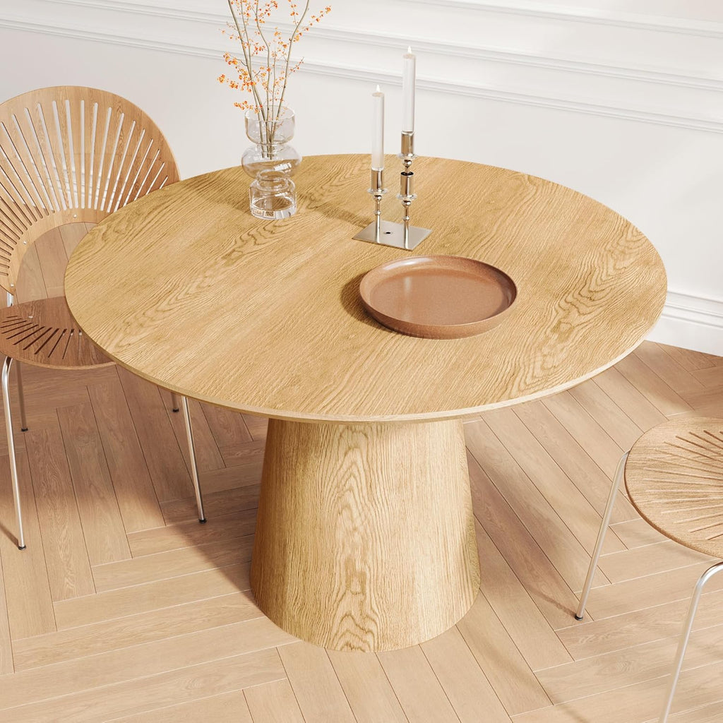 43" Round Dining Table for 4, Modern Natural Wood Grain Dining Table with Cone Wood Pedestal Base, Circle Dining Room