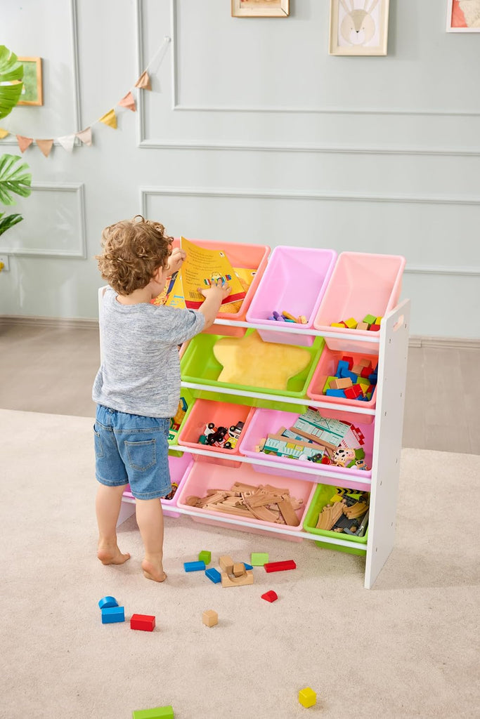 Kids Toy Storage Organizer with 12 Plastic Bins, White Wood with Pink Bins, 33.85"D x 12.79"W x 35.42"H