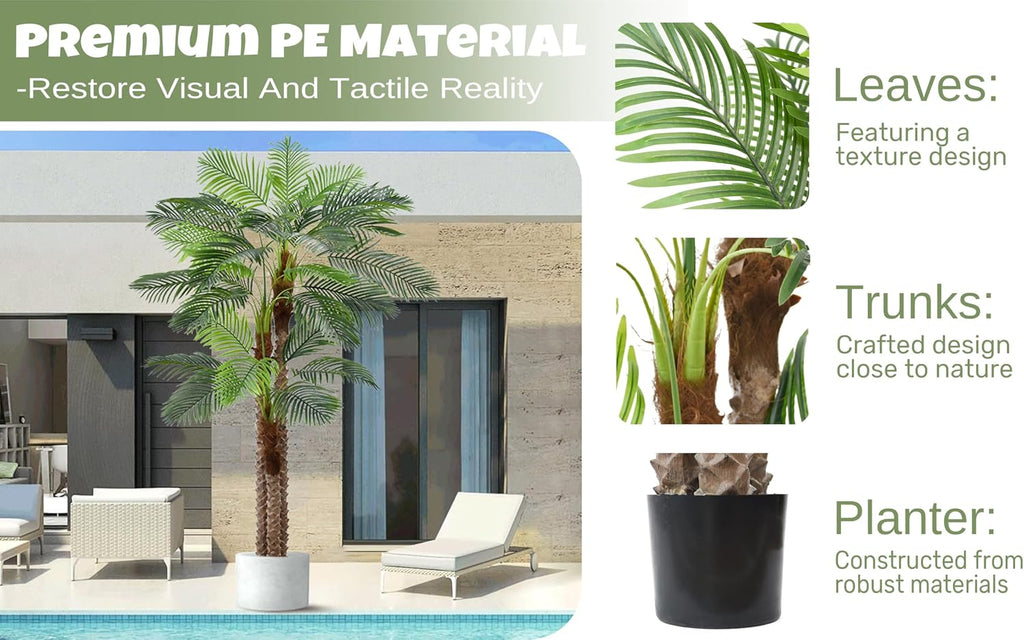 Artificial Triple Phoenix Palm Tree 10FT with 36 Leaves & Real Bark Tropical Coconut Areca Sago Palm Tall Large Faux