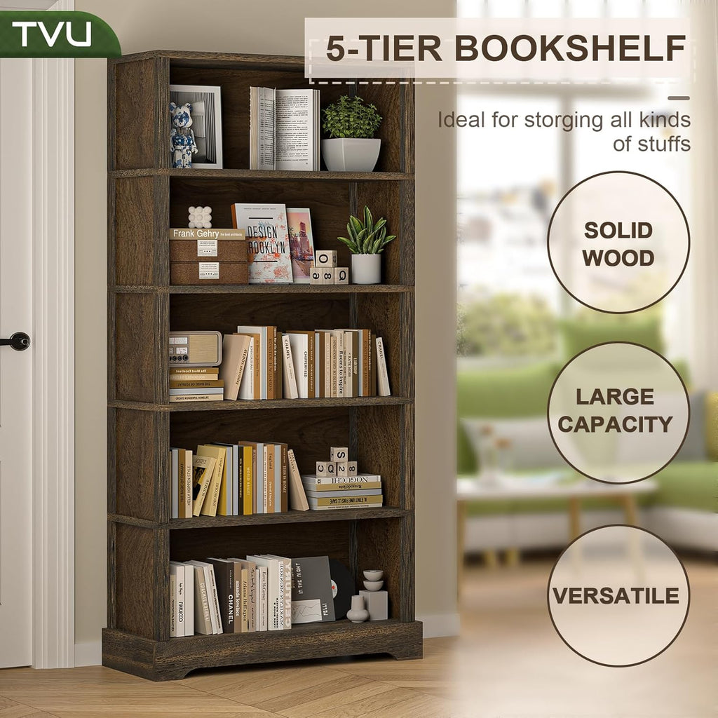 5-Tier Solid Wood Book Shelf, Floor Standing Bookcase, 65" H × 31.5" W × 11.8" D Bookshelf