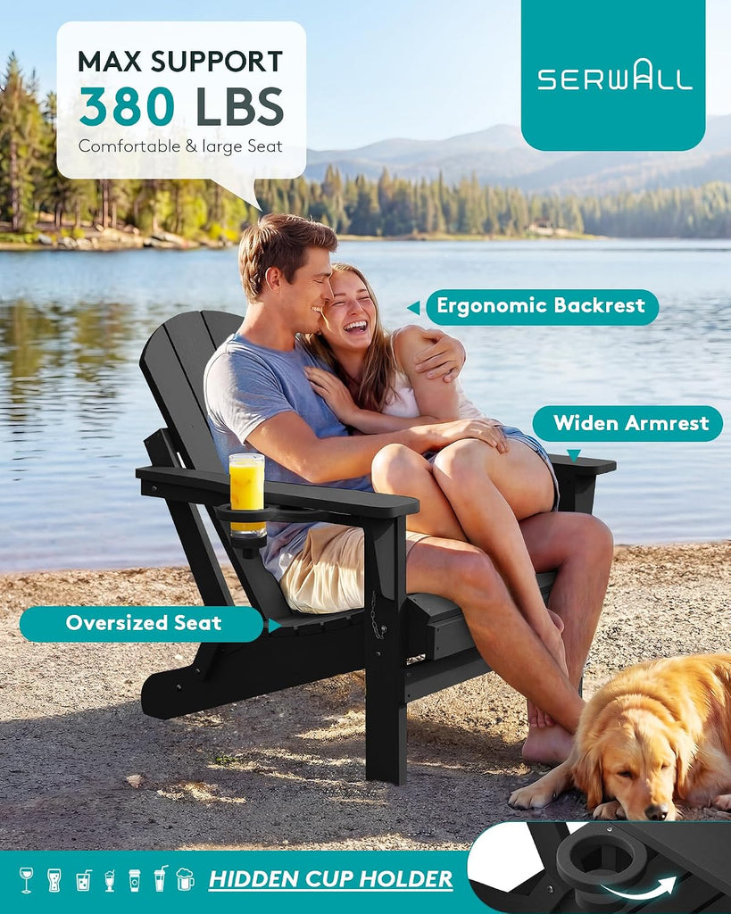 Folding Adirondack Chairs with Cup Holder, Outdoor Fire Pit - Black | Foldable Adirondack Chair with Wood Texture