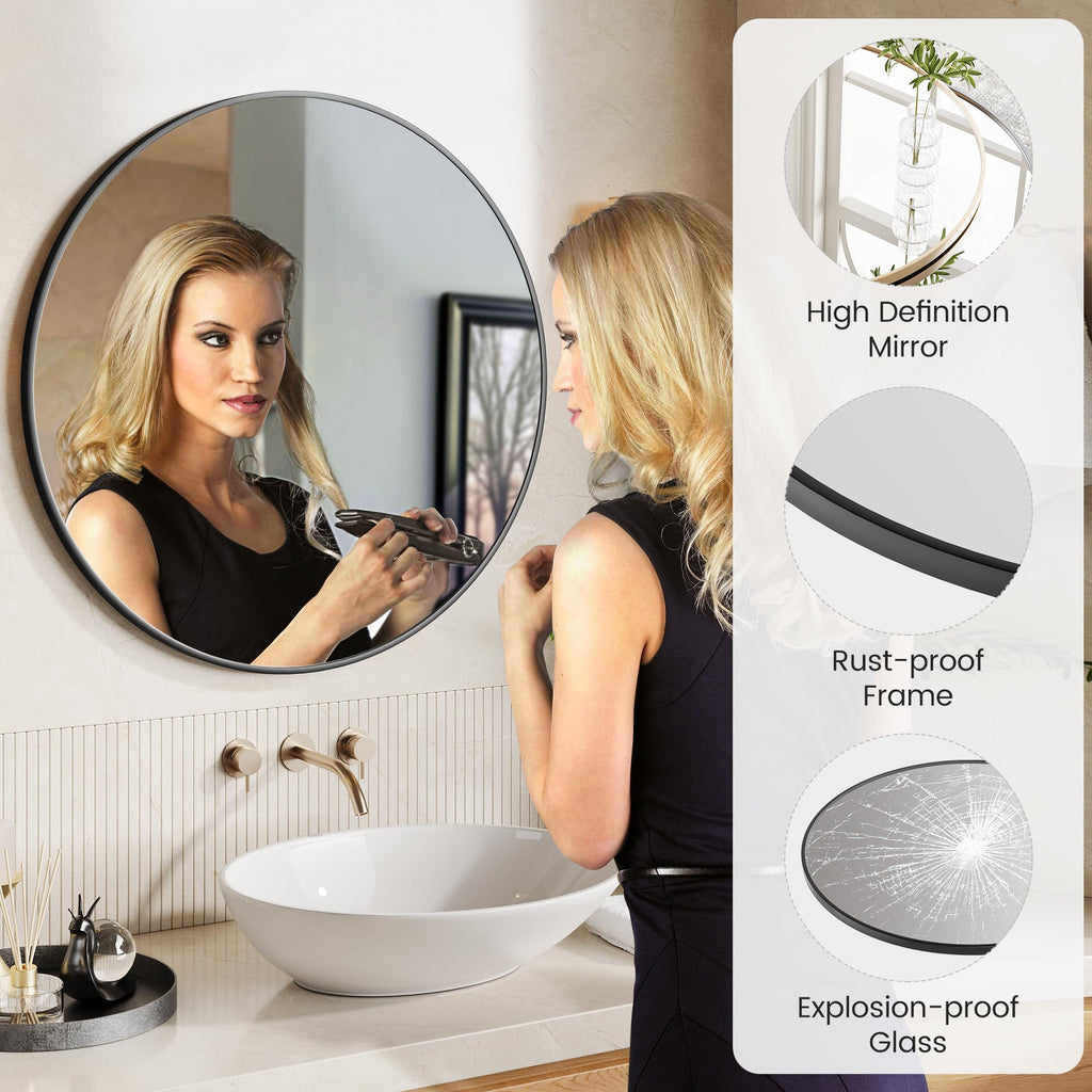 30Inch Black Round Wall Mirror, Circle Mirror Metal Frame, Vanity, Entryway, Bedroom, Living Room, Wall Mounted