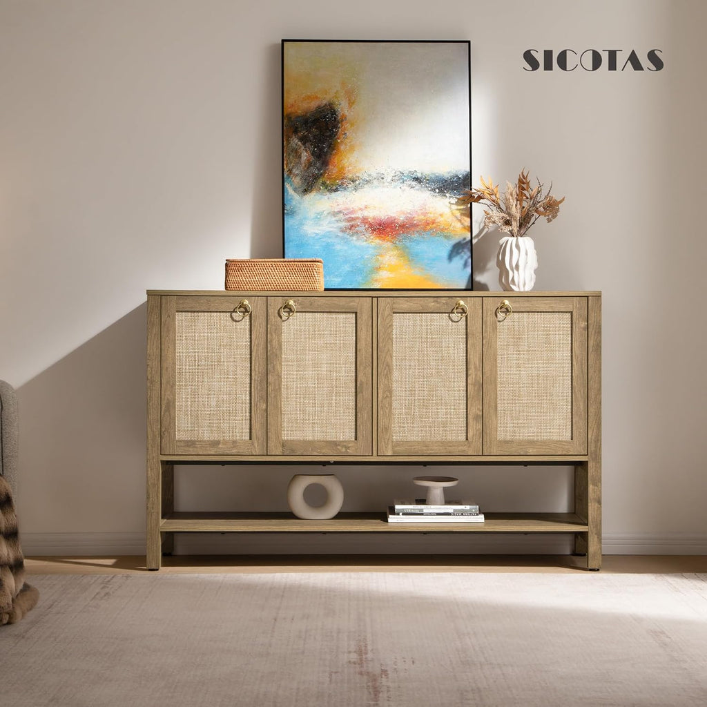 Rattan Sideboard Buffet Cabinet with Open Storage