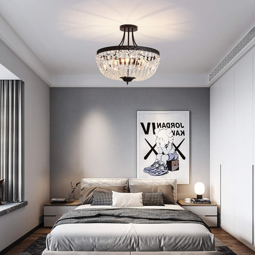 5-Light E12 Round Crystal Ceiling Light Fixture Modern Semi Flush Mount Chandelier Ceiling Lamp for Living Room
