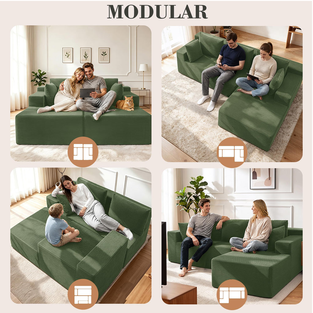 98" Cloud Sectional Boneless Couches, Modular L Shaped Corduroy Sofa with Left Facing Chaise, Dual-Layer