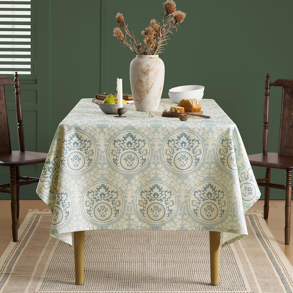 Vintage Blue Printed Tablecloths Rectangular: Floral Linen Farmhouse Table Cloth - Damask Patterned 