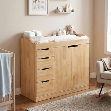 Nursery Dresser with Changing Table Top, 47.2" W Baby Dresser with 4 Drawers & Raised Guard, Solid Wood Infant Diaper