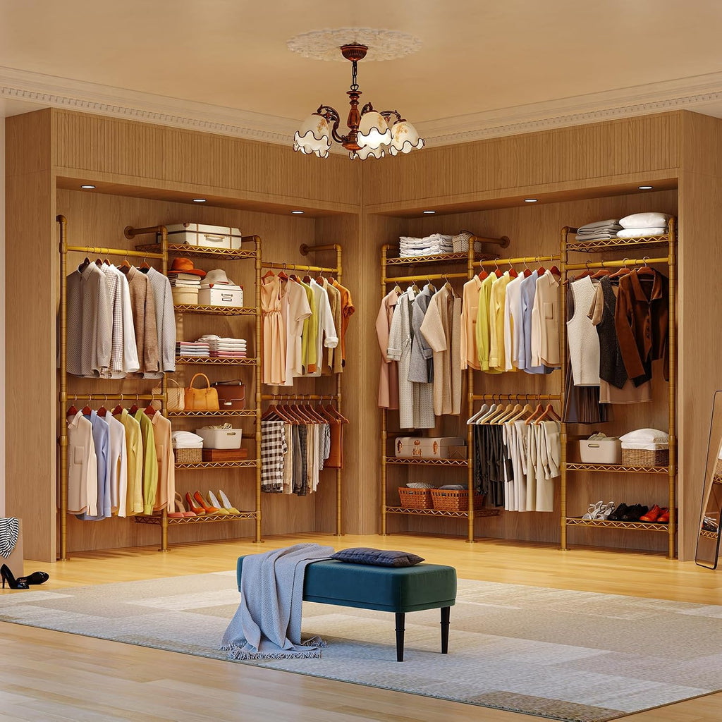 H3 Expandable Wall Mounted Closet System, 5.4FT-8.1FT Closet Organizer with 4 Telescopic Rods & 6 Wire Shelves