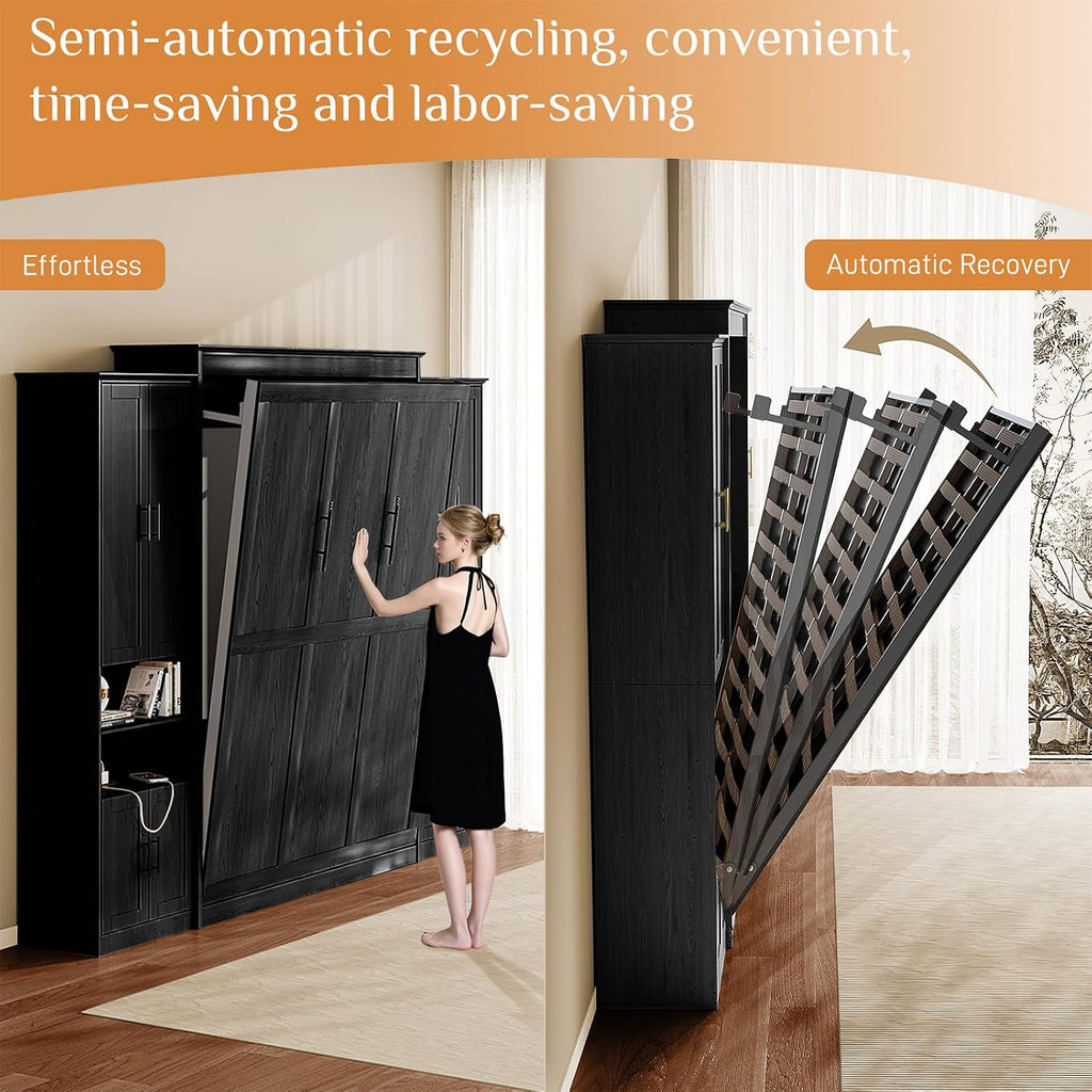 Murphy Bed Queen with 2 Side Cabinet Storage Shelves, Queen Wall Bed Cabinet with USB Port, Wood Foldable Platform