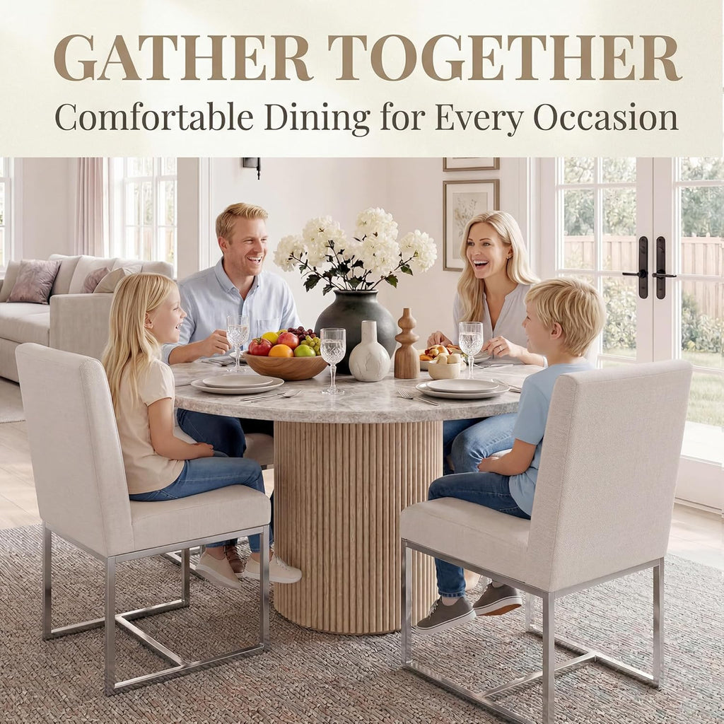 Modern Dining Chairs Set of 4, Upholstered Linen Dining Room Chairs with Ergonomic Back & Polished Silver Metal Frame