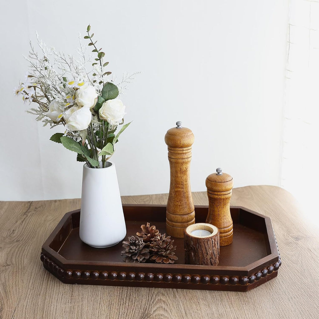 Retro Brown Wood Serving Tray with Beads, Farmhouse Decorative Tray for Table Centerpiece, Christmas Wedding