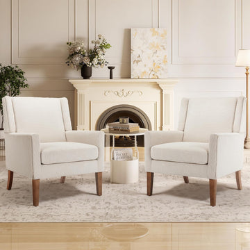 Living Room Chair, Wingback Mid-Century Accent Chair - Comfy Single Sofa with Solid Wood Legs & Velvet-Like Fabric