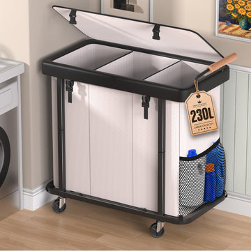 Laundry Hamper 3 Section, Rolling Laundry Basket with Wheels and Lid, White