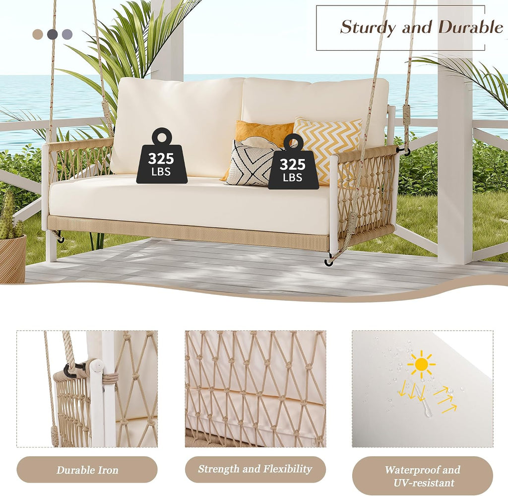 51.6" Porch Swing Bed with Cushions, 2-Person Patio Swing Bench, PE Wicker Outdoor Hanging Seat with Woven Rattan