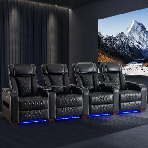 Luxury Home Theater Seating - Power Recliner with Adjustable Headrests, Blue LED Ambient Lighting, Tray Table