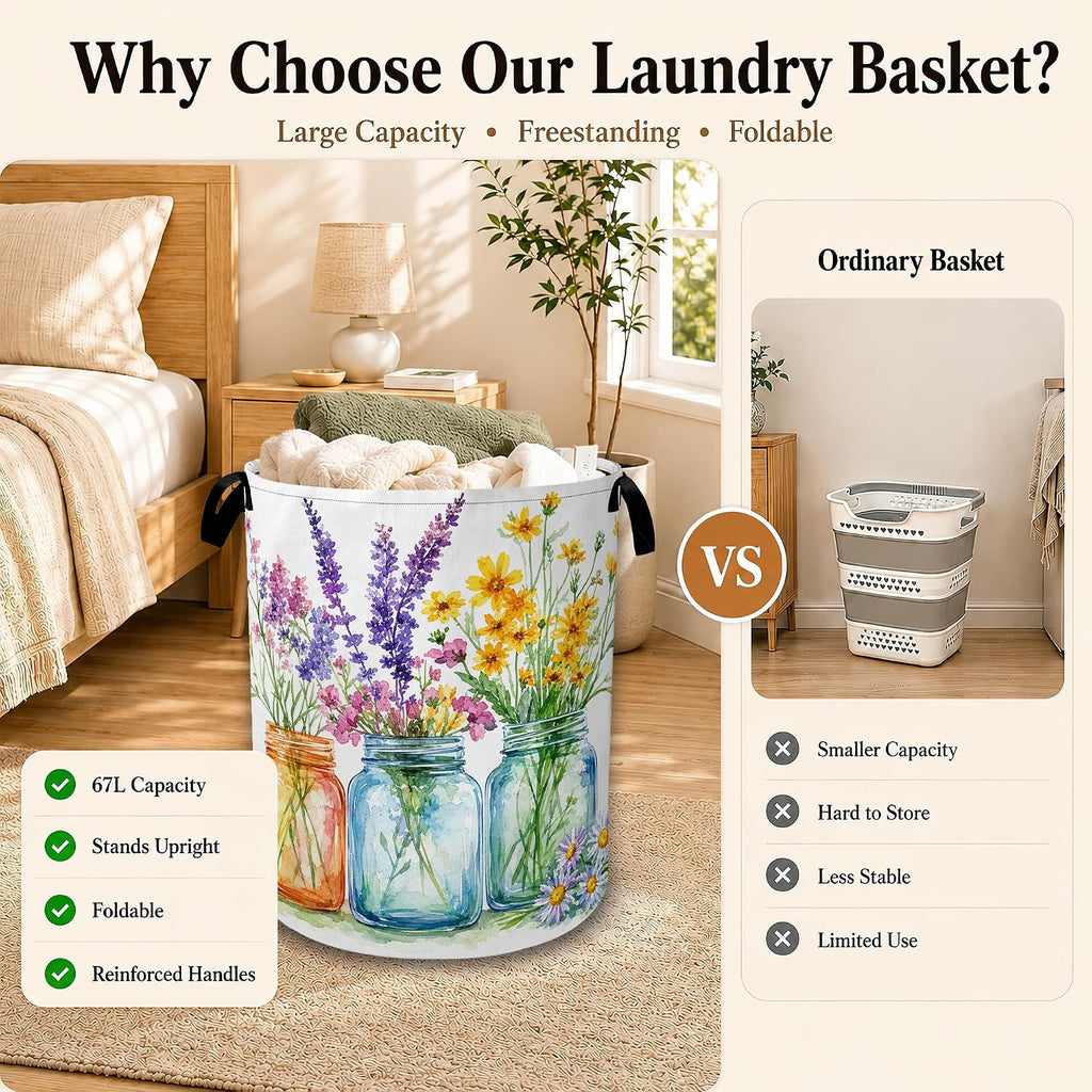 Wildflower Mason Jars Decorative Laundry Hamper, Tall Foldable Oxford Clothes Basket with Handles, Lightweight Dirty