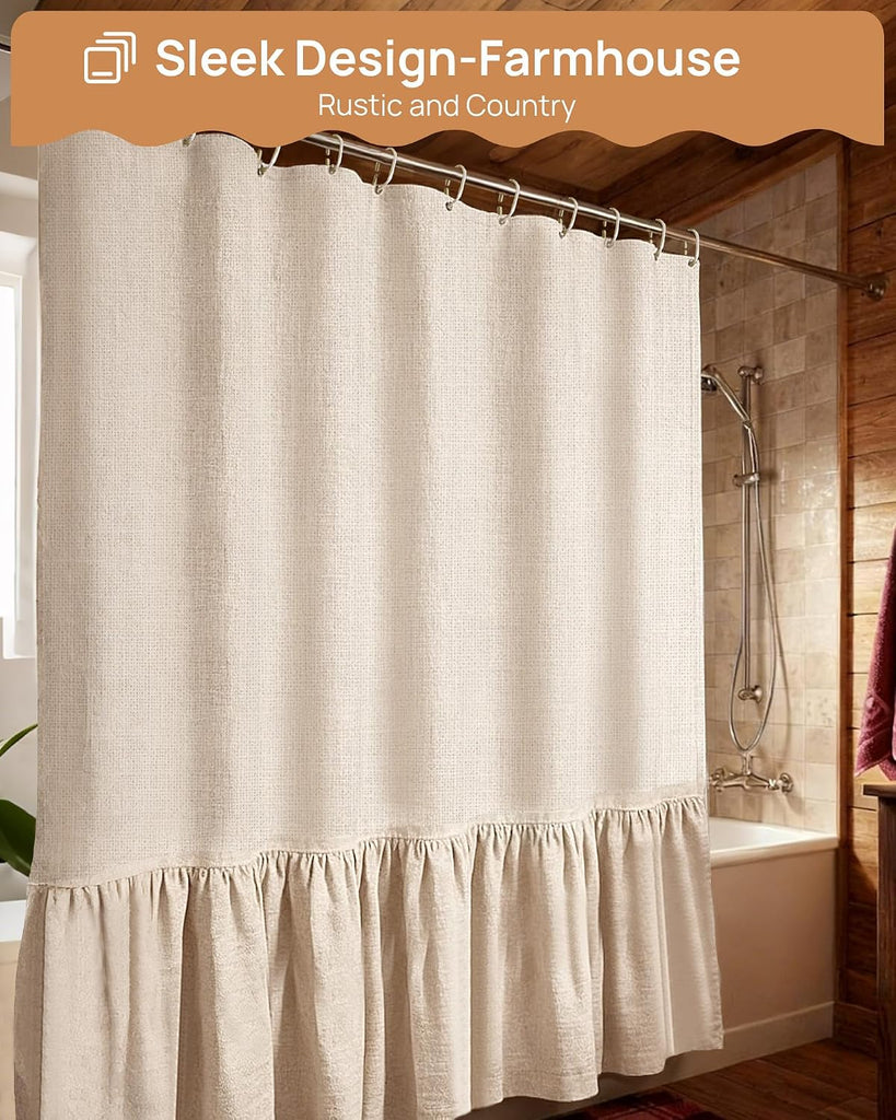 Farmhouse Shower Curtain Linen Boho Ruffle - Textured Fabric Shower Curtain Set with Hooks, 72"x72", Rustic Vintage