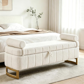 Storage Bench ,63" End of Bed Bench Foot of Bed King Cream White | Upholstered Storage Benches for Foot of Bed Modern