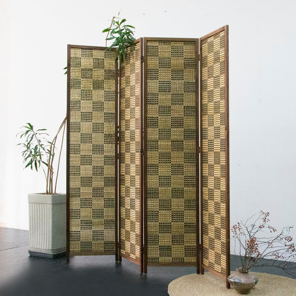 4 Panel Bamboo Room Divider, Caramel Folding Privacy Screen