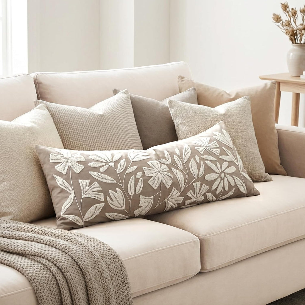 14x36 Lumbar Pillow Cover, Taupe Rectangular Long Throw Pillowcase, Embroidered Velvet Floral Tufted Farmhouse Accent