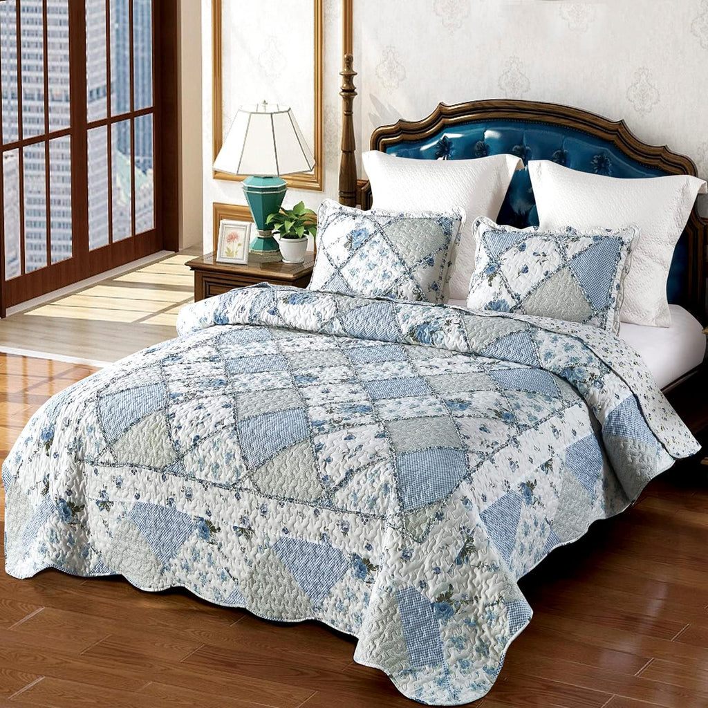 Blue Floral Patchwork Quilt Set, 3 Piece Bedding Set with 2 Pillowcases