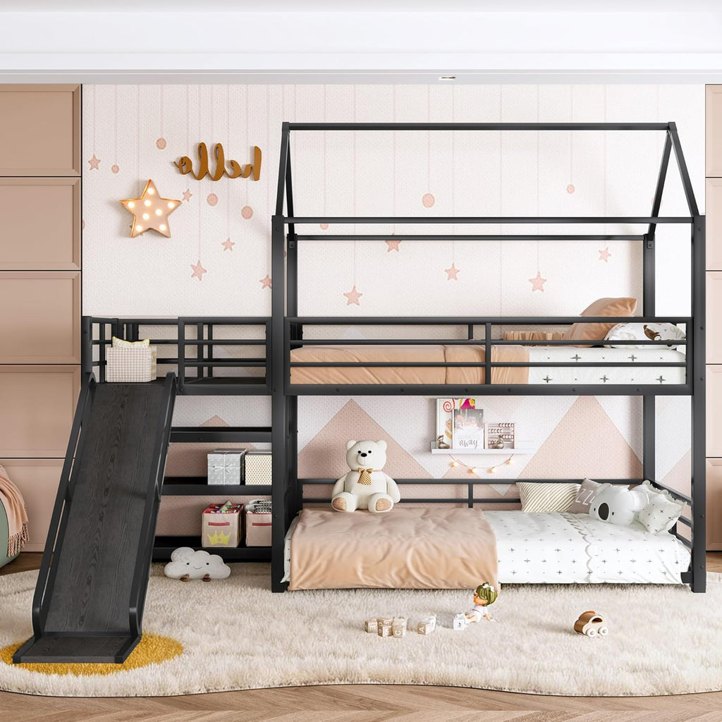 Twin Over Twin Bunk Bed with Slide, Kids House Floor Bunk Bed with Storage Stairs and Full Length Guardrail
