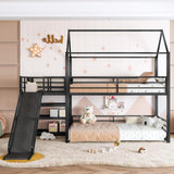Twin Over Twin Bunk Bed with Slide, Kids House Floor Bunk Bed with Storage Stairs and Full Length Guardrail