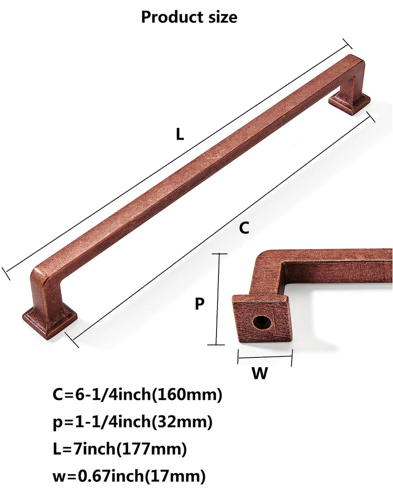 10 Pack 6-1/4 Inch Hole Center Antique Copper Cabinet Pulls - Vintage Drawer Handles, Solid Hardware, Aged Kitchen