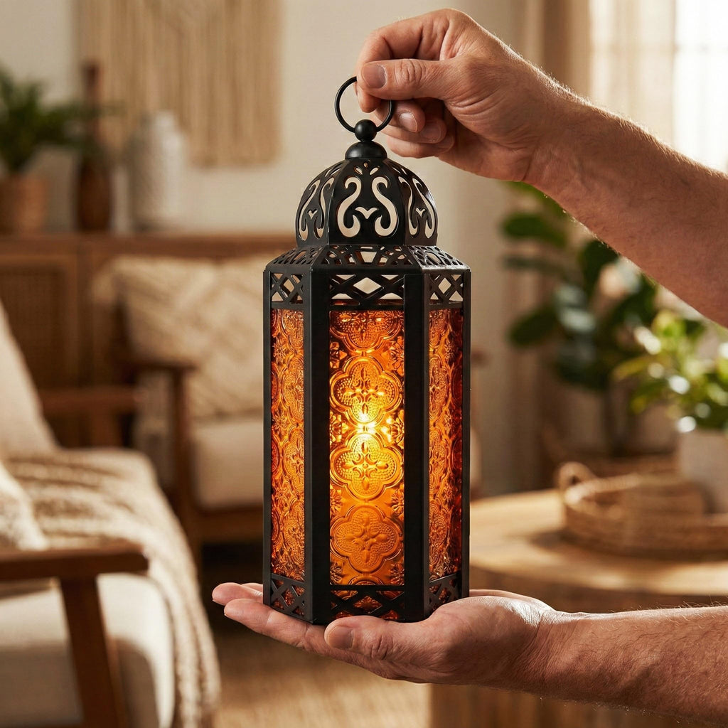 Decorative Indoor Moroccan Candle Holder, Amber, M