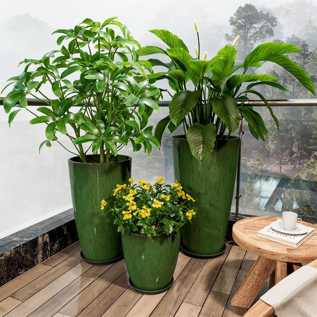 24,21,11 inch Large Planters with Drainage Hole & Saucer, Set of 3 Plant Pots Tall Planter for Indoor & Outdoor