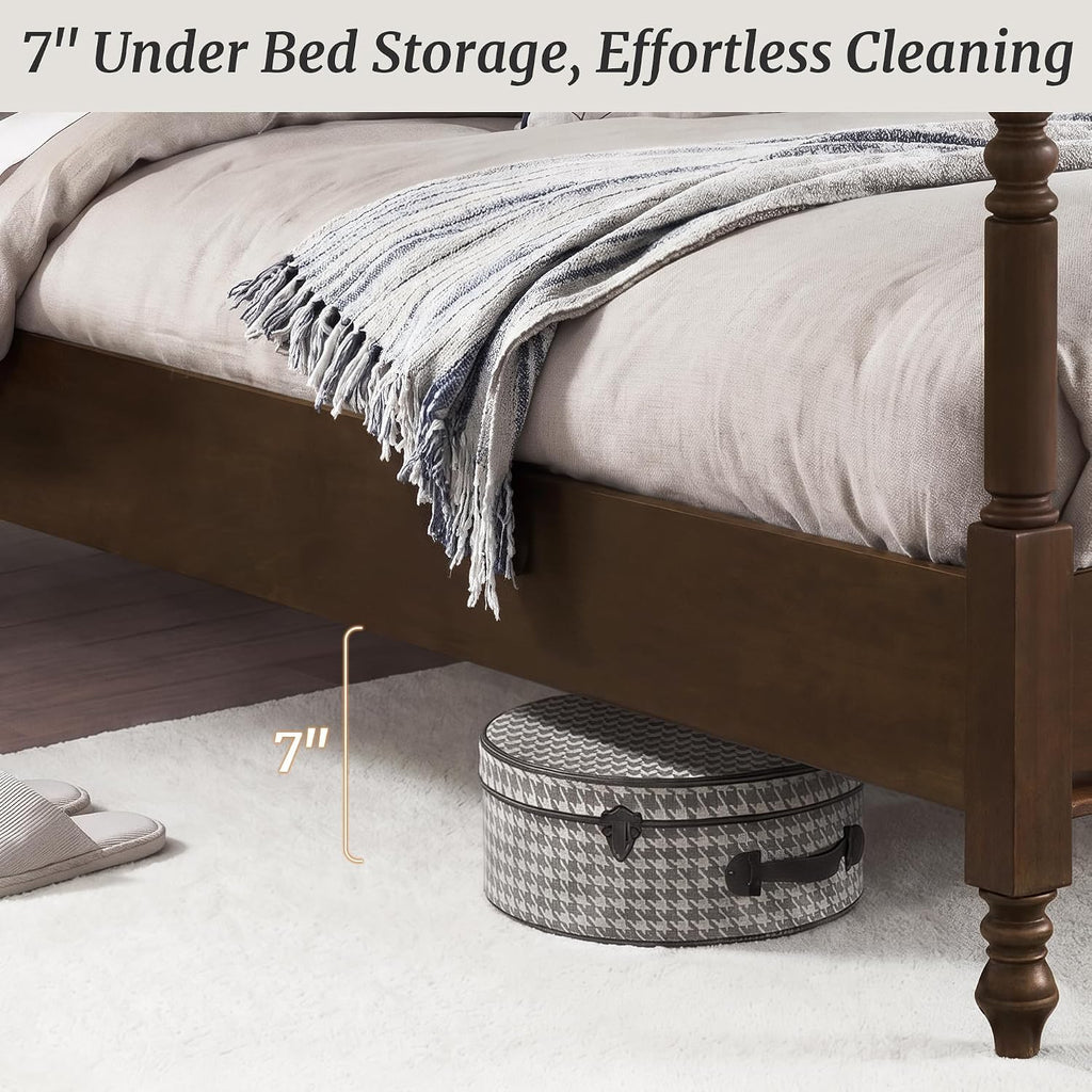 Solid Wood Spindle Post Bed Frame King with Headboard, Traditional Wooden Platform Bed, 13 Wood Slat Support, No Box