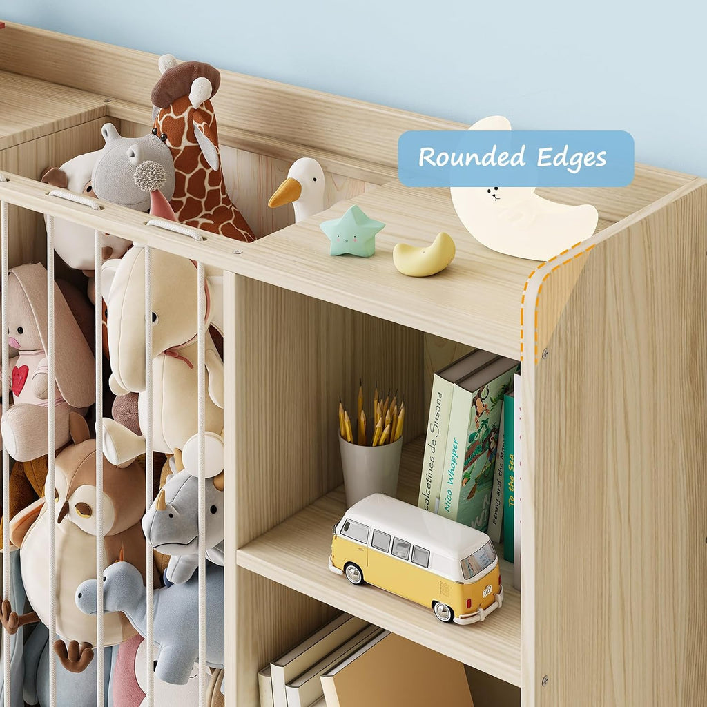4-in-1 Toy Storage Organizer with Stuffed Animal Storage, Solid Pine Kids Bookshelf and Toy Shelf, 6 Cube Shelf with