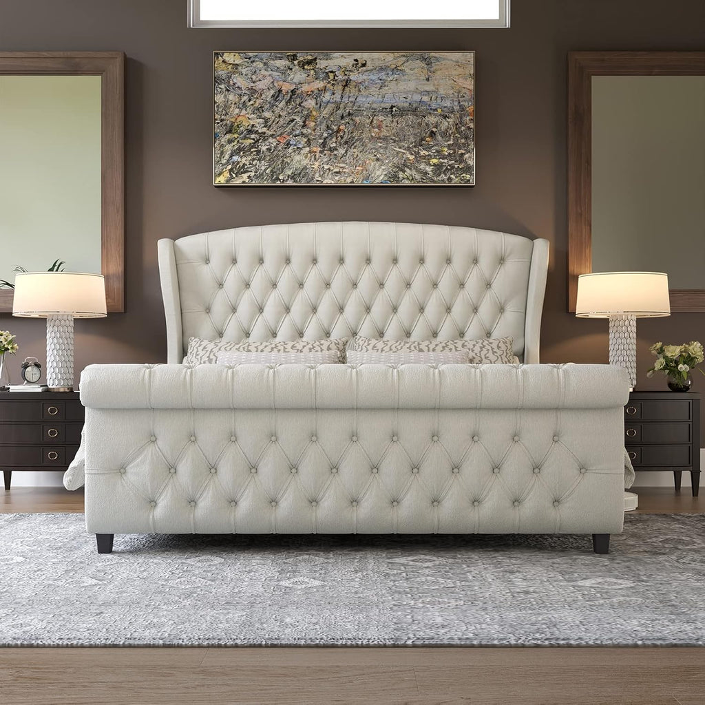 Queen Platform Bed Frame, Chenille Upholstered Sleigh Bed with Scroll Wingback Headboard & Footboard/Button Tufted/No