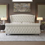 Queen Platform Bed Frame, Chenille Upholstered Sleigh Bed with Scroll Wingback Headboard & Footboard/Button Tufted/No